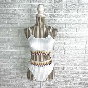 White Ribbed High Waist 2 Piece Bikini Set Chevron Trim Wireless Bra Large 8/10